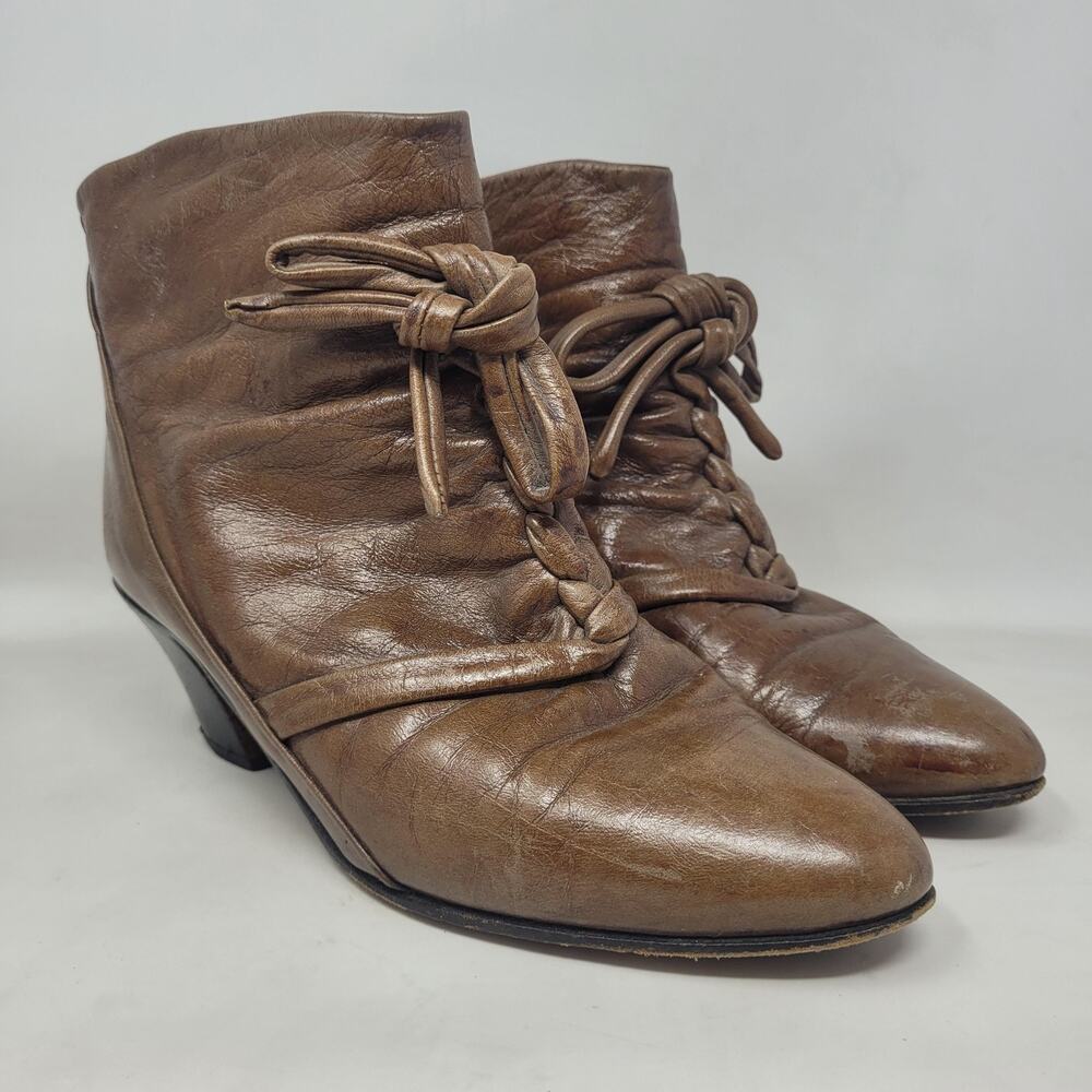 Vintage Brown Leather Boots 8.5M‎ Ankle Booties Bow 80s Witchy Grandma Prairie